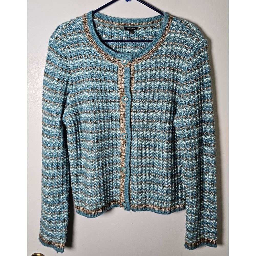Talbots Blue Brown Striped Button Front Cardigan Sweater Wool Blend Size M